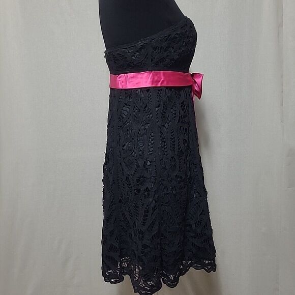 Betsey Johnson Dress Sz 4 Black Pink Fit & Flare Strapless Embroidered Lace - Picture 4 of 10